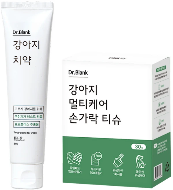 닥터블랭크 강아지 치약 닭고기향 80g + 멀티케어 손가락 칫솔티슈 30p 세트, 1세트 - 쿠팡