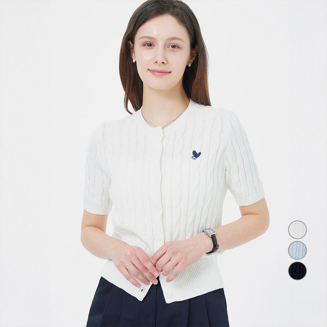 ELLE PARIS 여성용 시그니처 로고 자수 반팔 코튼 니트 가디건