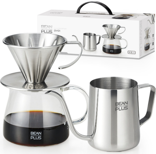 빈플러스 올인원 핸드드립 커피세트 DV01 스텐 드리퍼, 스텐 드리퍼 + 드립포트 350ml + 드립서버 400ml + 계량스푼 + 커피여과지 (20매), 1세트