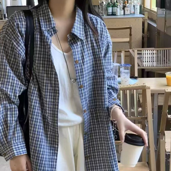 gelluna 女款寬鬆格紋層次長袖襯衫 TH-108