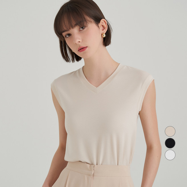 ELLE PARIS 찰랑 레이온 민소매 브이넥 티셔츠