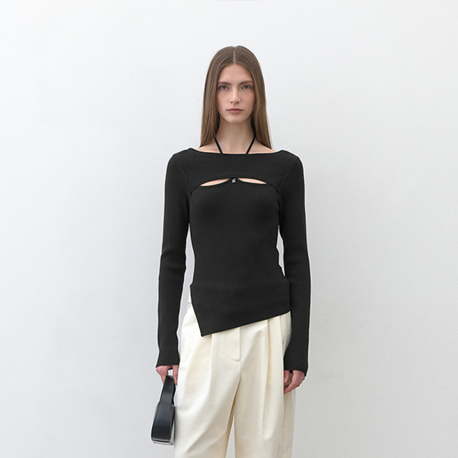 아틀리에나인 여성용 조지트 홀터넥 긴팔 니트 T-7006