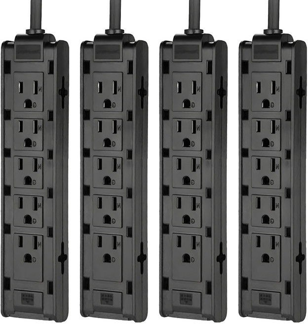 PowerSync 群加 1開10插雙面抗搖擺延長線 TSAS0010, 黑色, 4條, 1m