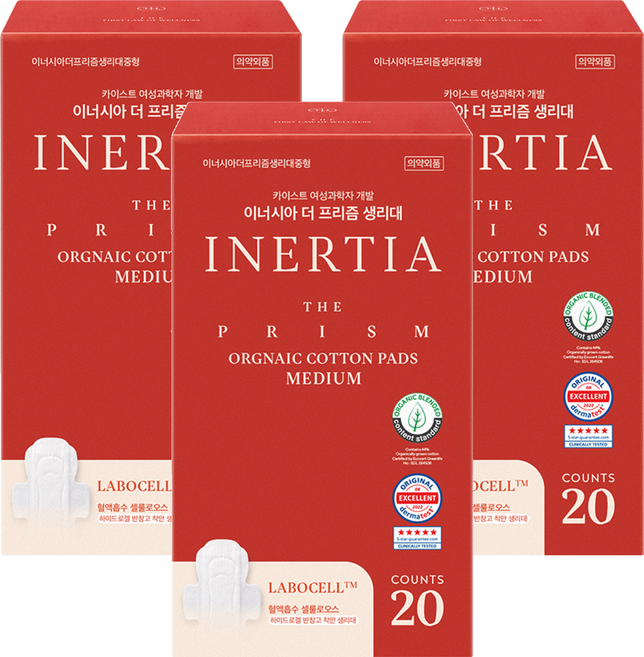 이너시아 더 프리즘 생리대 날개형, 중형, 20개입, 3개