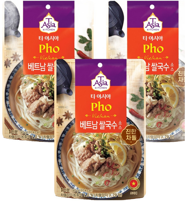 티아시아키친 베트남 쌀국수 소스 진한 차돌, 90g, 3개