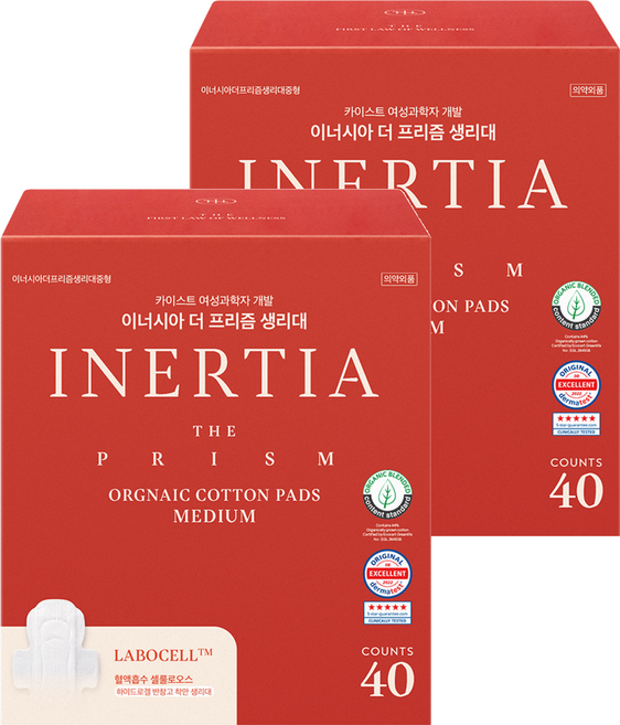 이너시아 더 프리즘 생리대 날개형, 중형, 40개입, 2개