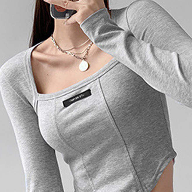 마켓에이 여성용 스퀘어넥 크롭 긴팔 티셔츠