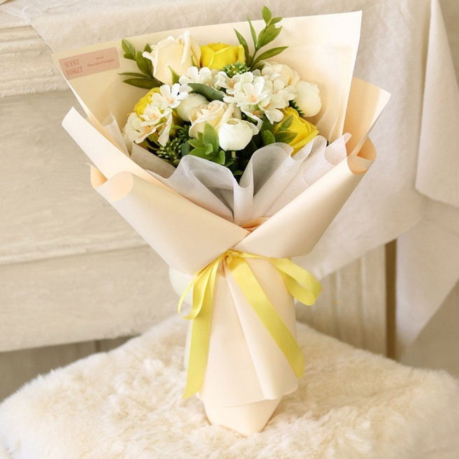 센트바스켓 조화 벨로아 가든 비누꽃 꽃다발, 옐로우, 1개