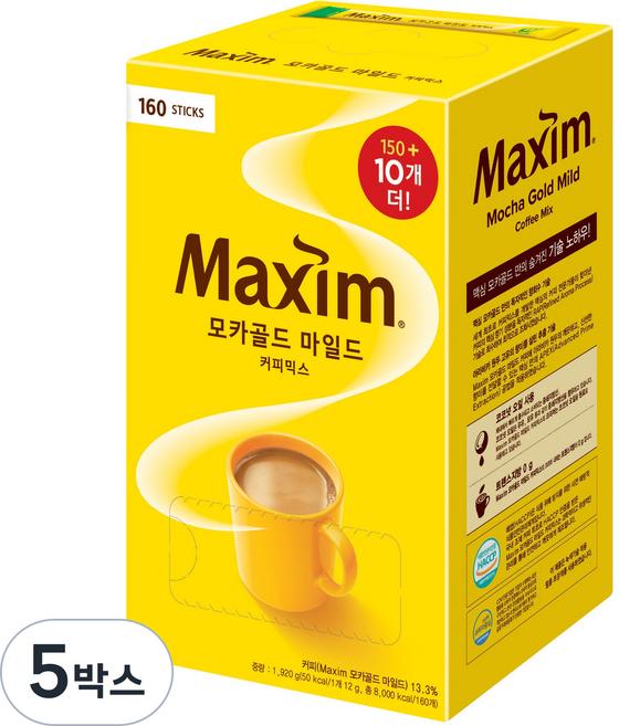 맥심 모카골드 마일드 커피믹스, 12g, 160개입, 5박스