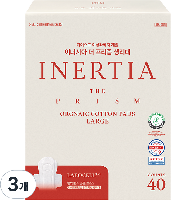 이너시아 더 프리즘 생리대 날개형, 대형, 40개입, 3개