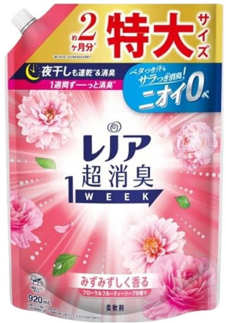 Lenor 蘭諾 日本原裝進口 1 WEEK 一週間衣物消臭室內曬乾柔軟精 玫瑰花香 補充包, 920ml, 1包