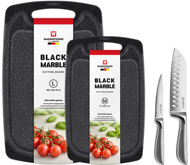 바겐슈타이거 슈미트 칼 2종 + 블랙 마블 도마 2종, 1세트, 과도칼 + 산도쿠칼 + 마블도마 중 + 마블도마 대