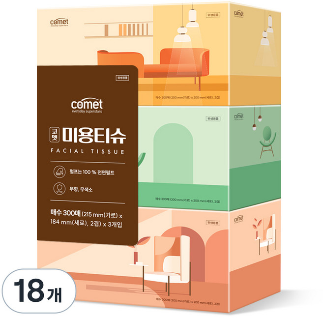코멧 천연펄프 미용티슈, 18개, 300매