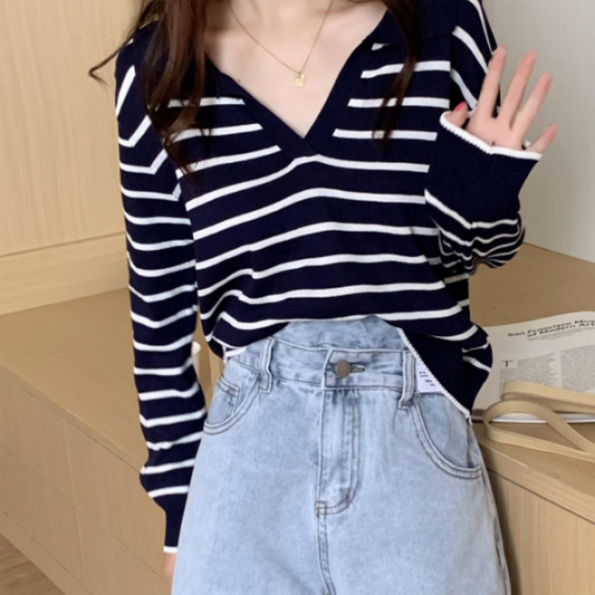 메이첼 여성용 오픈 브이넥 스트라이프 긴팔 니트 티셔츠 00156