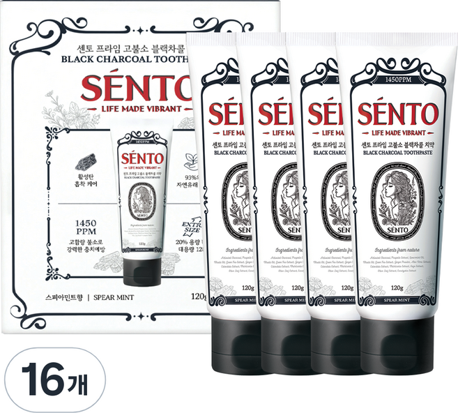 센토 프라임 블랙차콜 치약 스피아민트향, 120g, 16개
