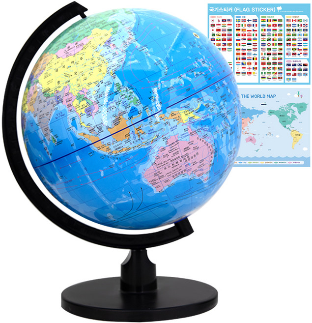 한글 세계 360도 회전 지구본 25cm + 국기 스티커 + 세계 지도 세트, 혼합색상
