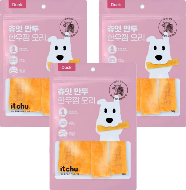 잇츄 강아지 츄잇 만두 한우껌 간식, 오리, 50g, 3개