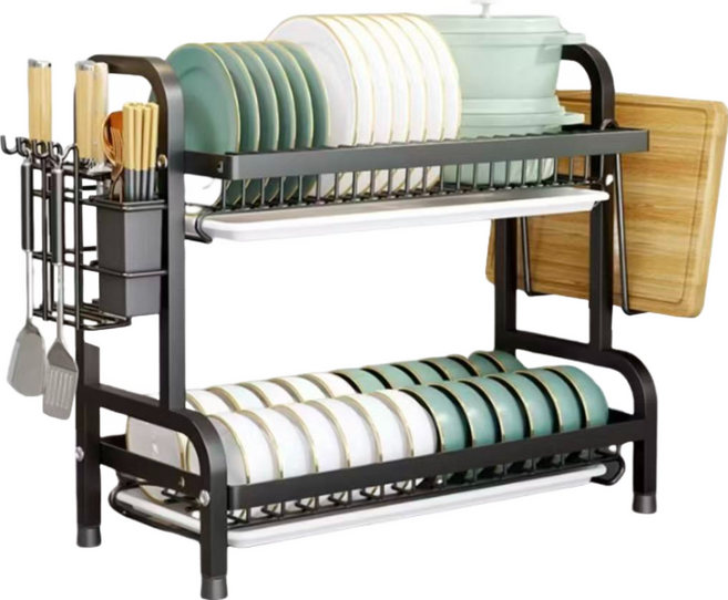 德利生活 多功能碗碟收納置物架組 菜板架+刀叉架+碗架 40x28x42cm, 2層, 黑色, 1組