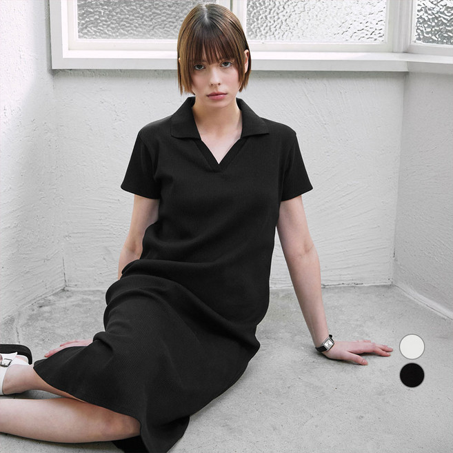 ELLE PARIS 여성용 오픈 카라 골지 립 썸머 롱 원피스