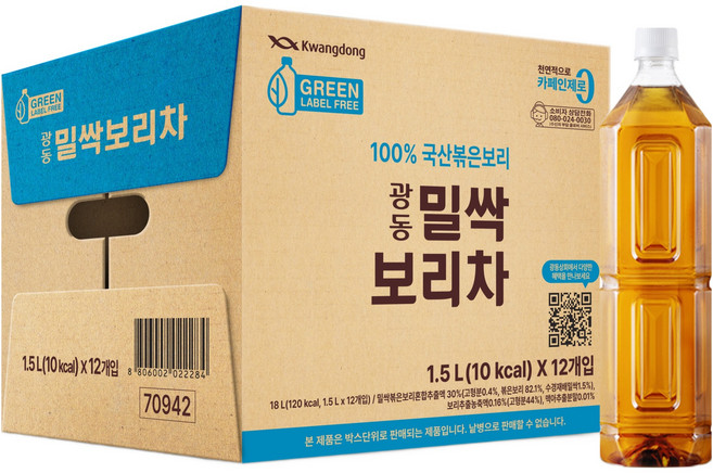 광동제약 밀싹 보리차 그린 무라벨, 1.5L, 12개