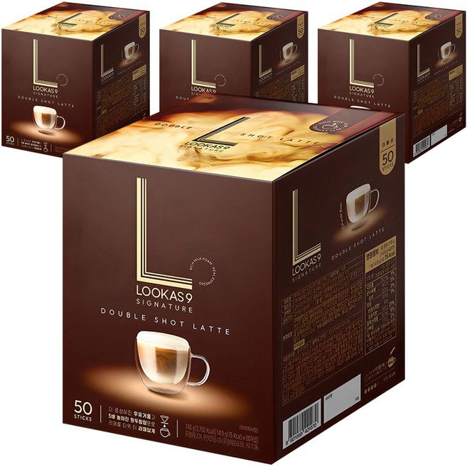 루카스나인 시그니처 더블샷라떼 커피믹스, 14.9g, 50개입, 4개
