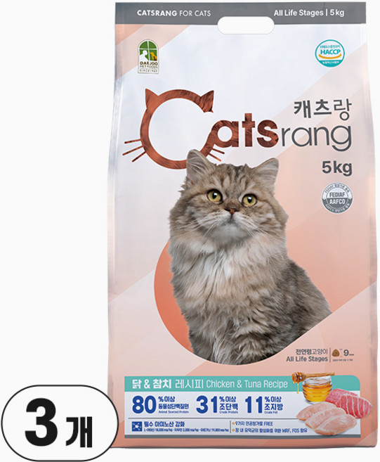 캐츠랑 전연령 고양이 건식사료, 닭+참치, 5kg, 3개