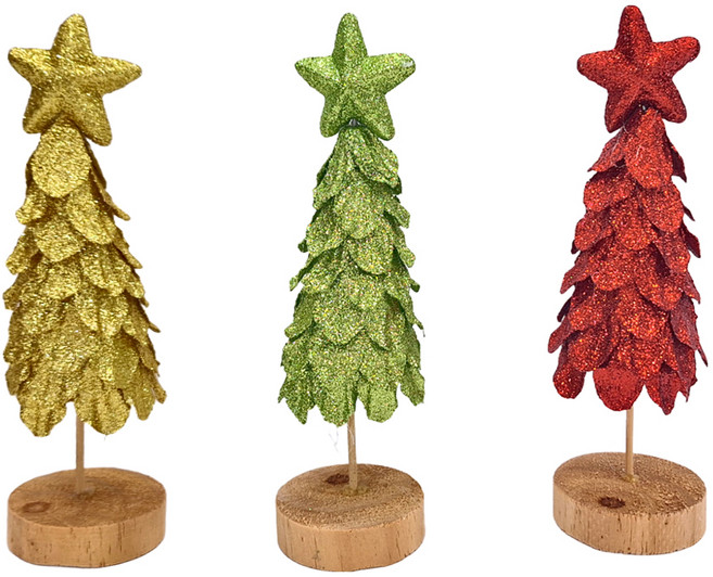 亮蔥聖誕樹擺飾, 黃色 + 綠色 + 紅色, 3個