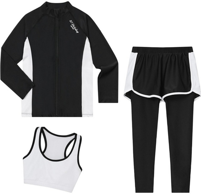 에스티홀리데이 주니어 아동용 여아용 집업 래쉬가드 상의 + 탑 + 이중 워터레깅스 세트