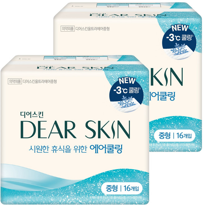 디어스킨 에어쿨링 생리대 날개형, 중형, 16개입, 2세트
