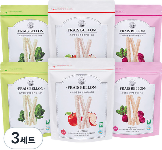 프레벨롱 유기농 롱떡뻥 과자 40g x 3종 x 2p 세트, 3세트, 사과, 비트, 시금치