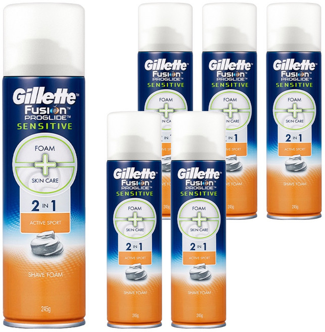 질레트 정품 퓨전 프로글라이드 센서티브 2in1 액티브 스포츠 쉐이빙폼, 6개, 245g