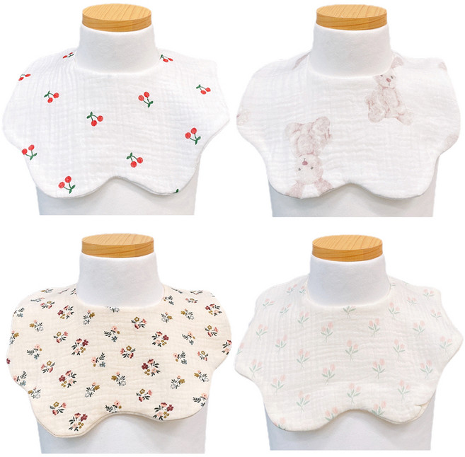 LuxuryBaby 花瓣形狀6層紗布圍兜, C款(櫻桃+兔子+鬱金香+花朵), 4件, 1組
