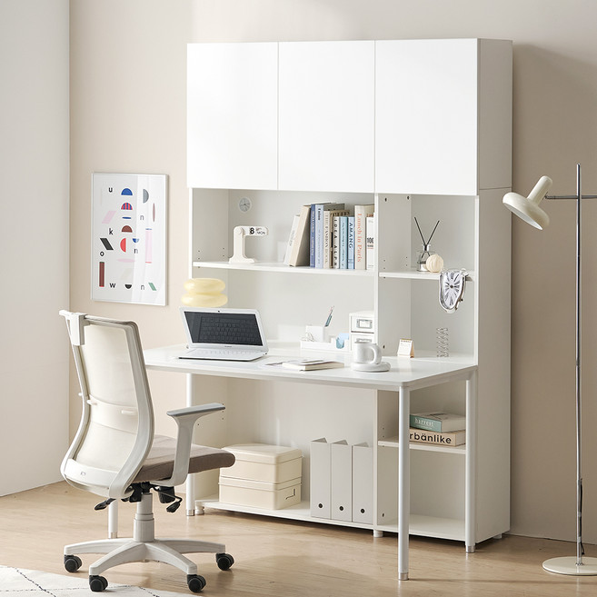 필웰 횸 전면책장 6단 + 책상 세트 방문설치, 화이트