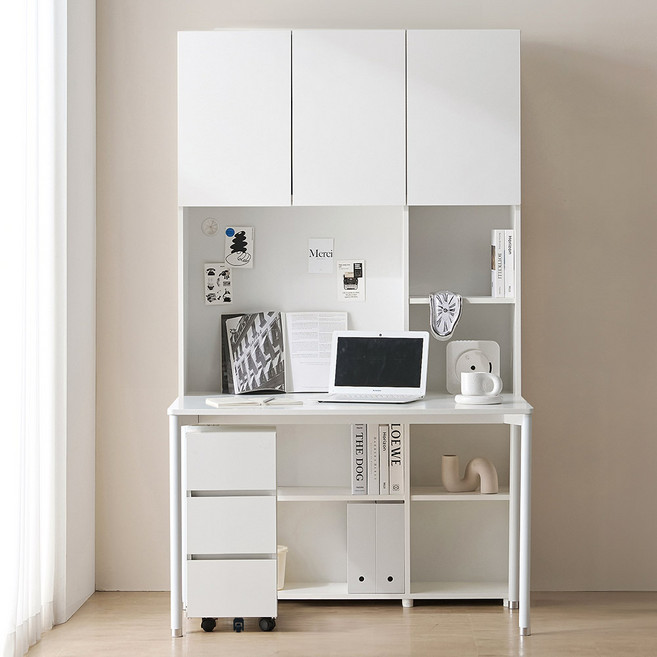 필웰 횸 전면책장 6단 + 책상 + 3단 이동 서랍장 세트 방문설치, 화이트