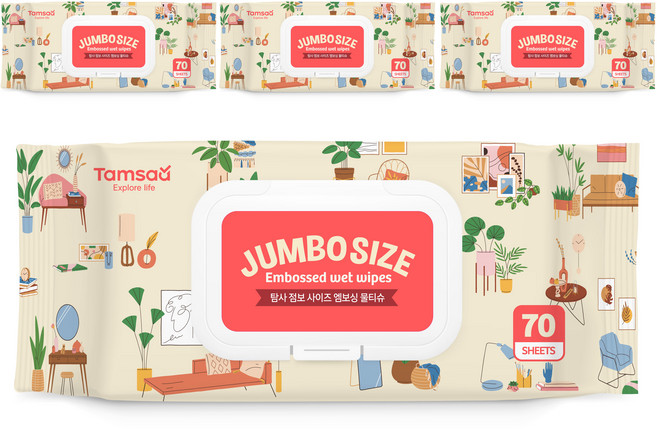 탐사 점보 사이즈 도톰한 엠보싱 물티슈 캡형, 4세트, 70매입, 50g