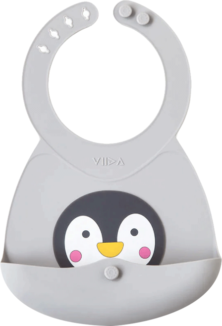 VIIDA Joy 便攜式矽膠圍兜, 艾凡企鵝 灰色, 1入, 1個