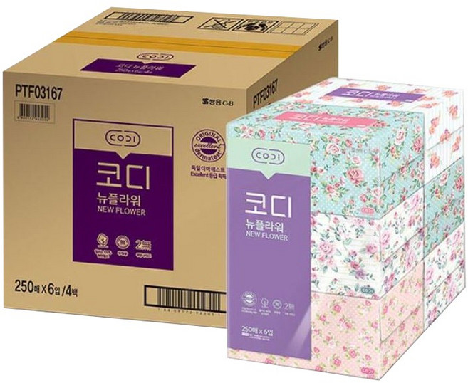 코디 뉴플라워 천연펄프 미용티슈 2겹, 250매, 24개