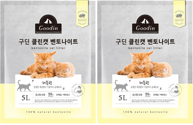 구딘 응고형 클린캣 벤토나이트 고양이 모래, 5L, 2개, 레몬향