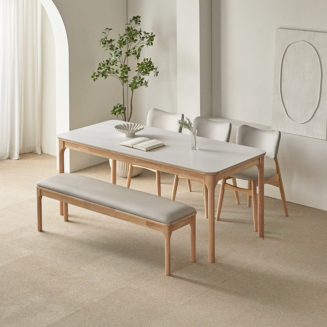 파로마 채튼 세라믹 원목식탁 1800 6인용 + A리샤르 의자3p + 채튼 벤치 세트 방문설치, 화이트상판 + 내추럴원목, 일반 3 + 벤치 1