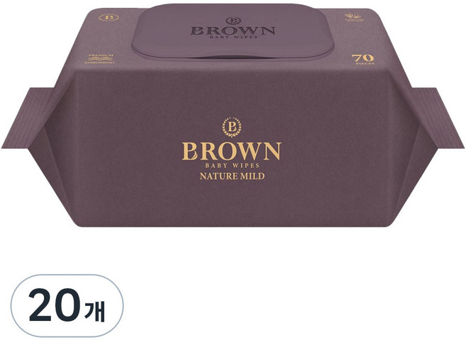 브라운 네이처 마일드 엠보싱 도톰한 아기 물티슈 캡형, 68g, 70매, 20개
