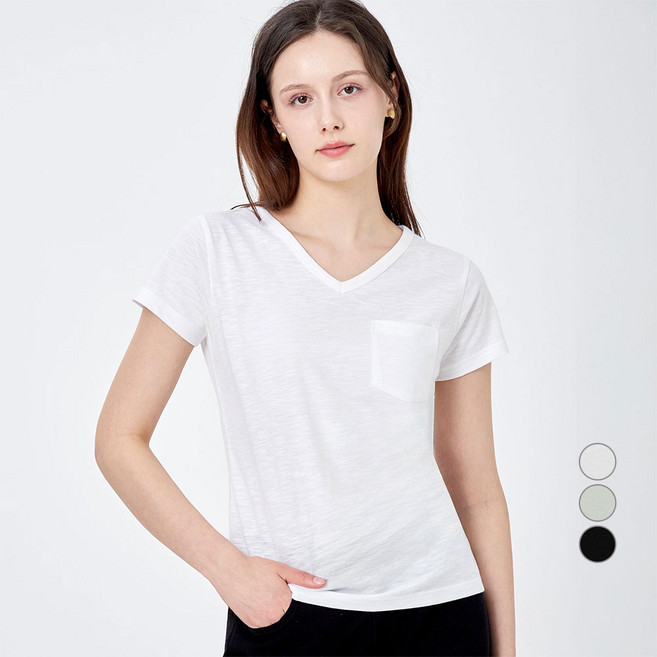 ELLE PARIS 여성용 브이넥 가슴포켓 반팔 티셔츠