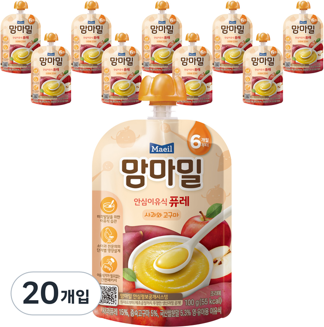 맘마밀 안심이유식 퓨레 6개월부터, 100g, 20개, 사과+고구마 혼합맛