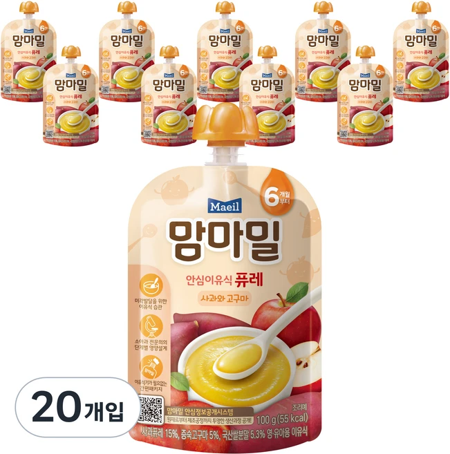 맘마밀 안심이유식 퓨레 6개월부터, 100g, 20개, 사과+고구마 혼합맛 - 쿠팡
