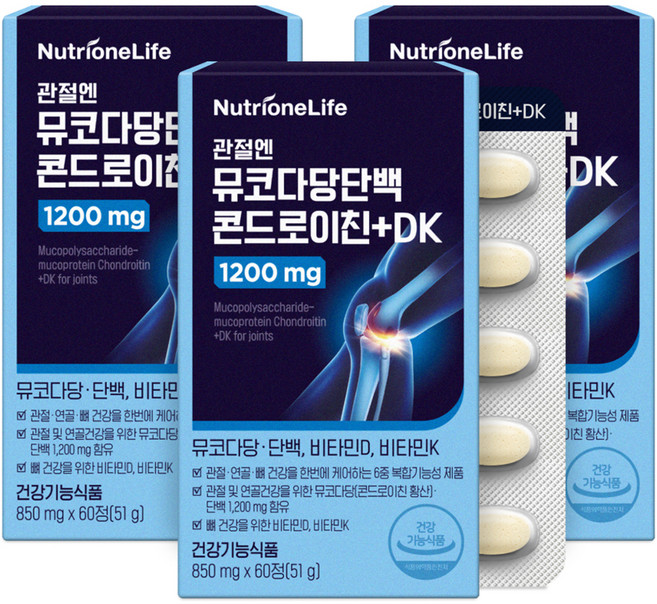 뉴트리원 관절엔 뮤코다당단백 콘드로이친 플러스 DK 1200mg 51g, 60정, 3개