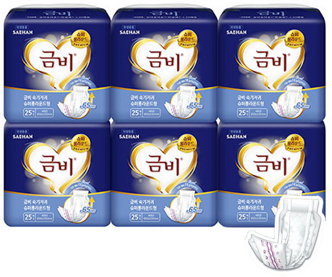 금비 남녀공용 슈퍼롱 라운드형 성인기저귀, 25개입, 6세트