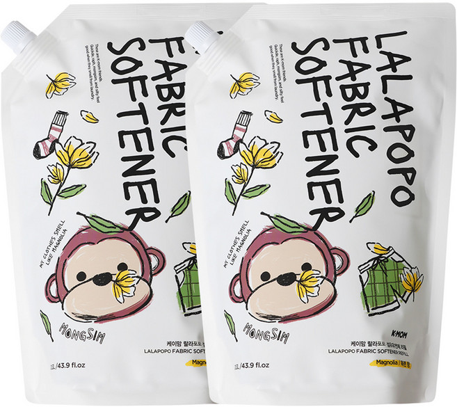 케이맘 랄라포포 유아용 섬유유연제 목련향 리필, 1.3L, 2개