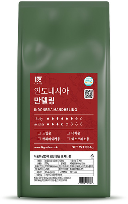 일킬로커피 싱글오리진 인도네시아 만델링 원두, 334g, 1개, 홀빈(분쇄안함)