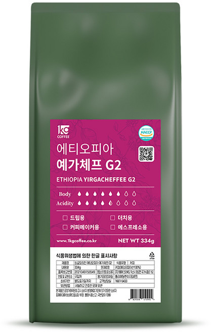 일킬로커피 싱글오리진 에티오피아 예가체프 지투 원두, 홀빈(분쇄안함), 334g, 1개