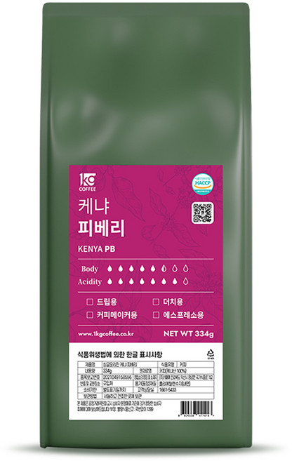 1킬로커피 싱글오리진 케냐 피베리, 334g, 1개, 홀빈(분쇄안함)