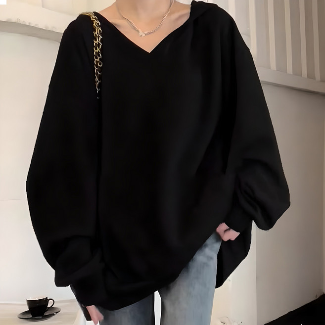 엘쏘 여성용 루즈핏 박시 V넥 긴팔 티셔츠